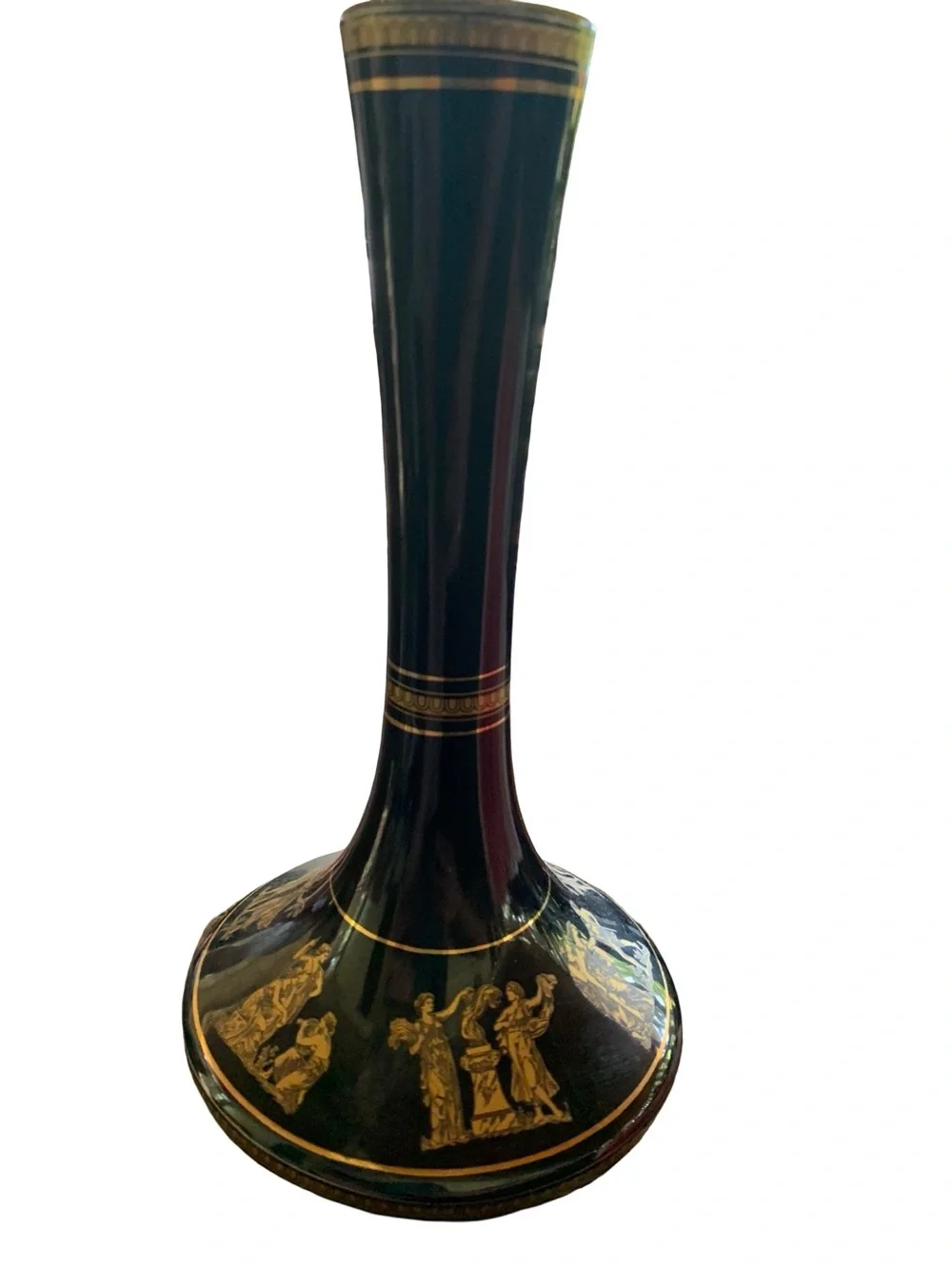 Vintage Spyropoulos Blueblack Porcelain Vase w/24k Gold Trim, Hellenistic Scenes